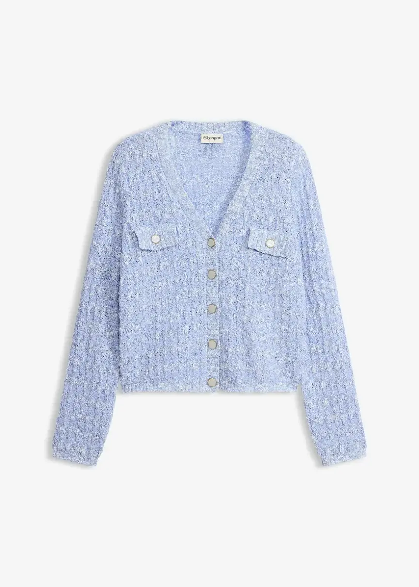 Elegant mellanblå mönstrad bouclécardigan