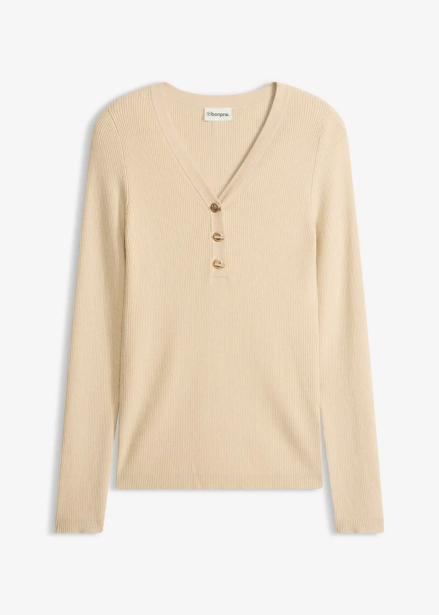 Elegant ribbstickad tröja i ljus sand