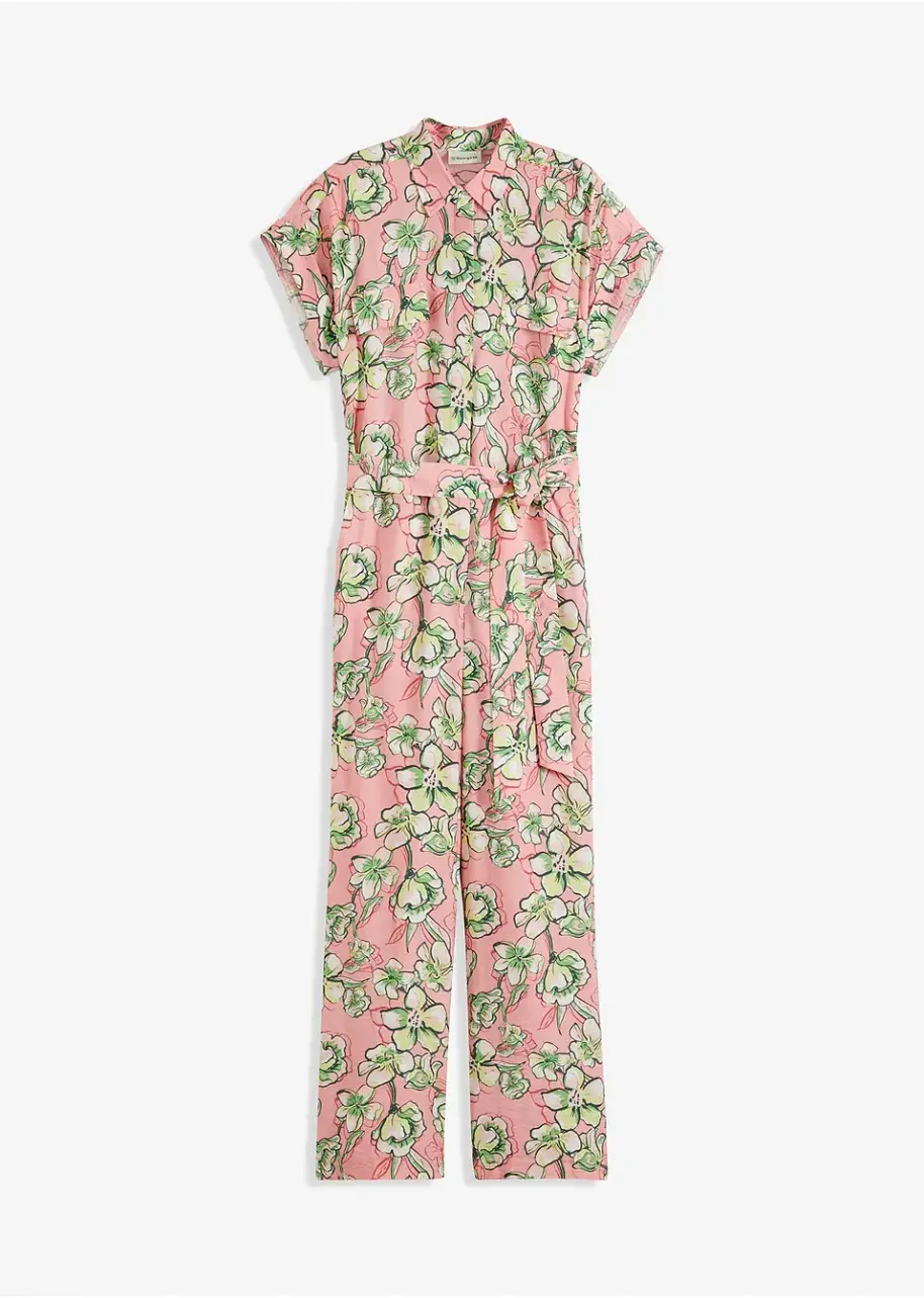 Ljusrosa mönstrad jumpsuit med knappslå