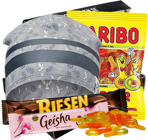 Nyföddpresent med mössa i elegant godisbox