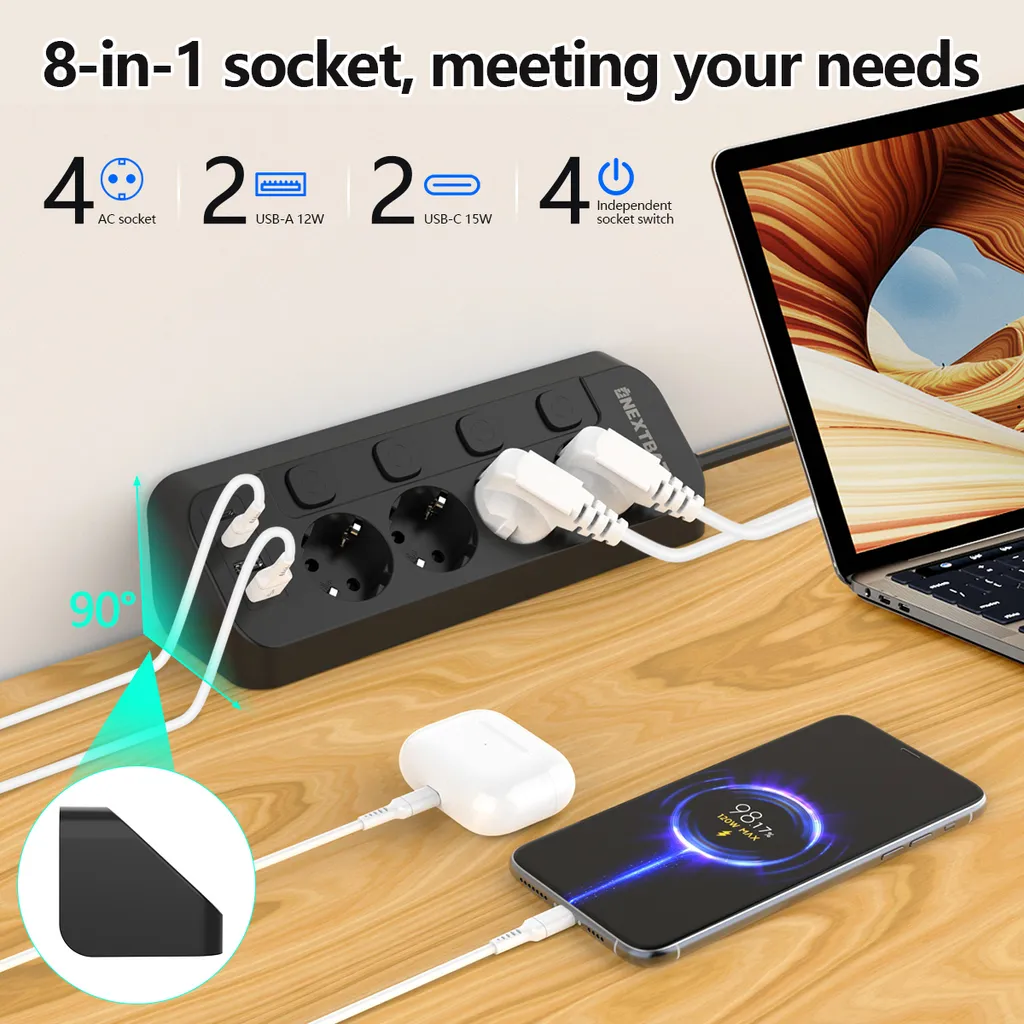 Grenuttag med snabb USB-laddning 1.8m svart