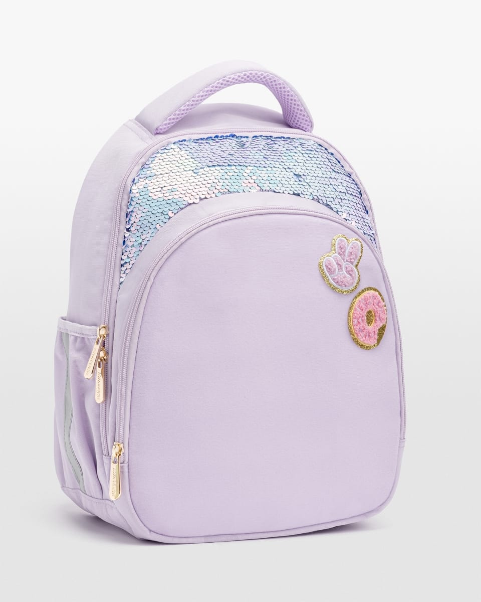 Lila skolryggsäck med patches