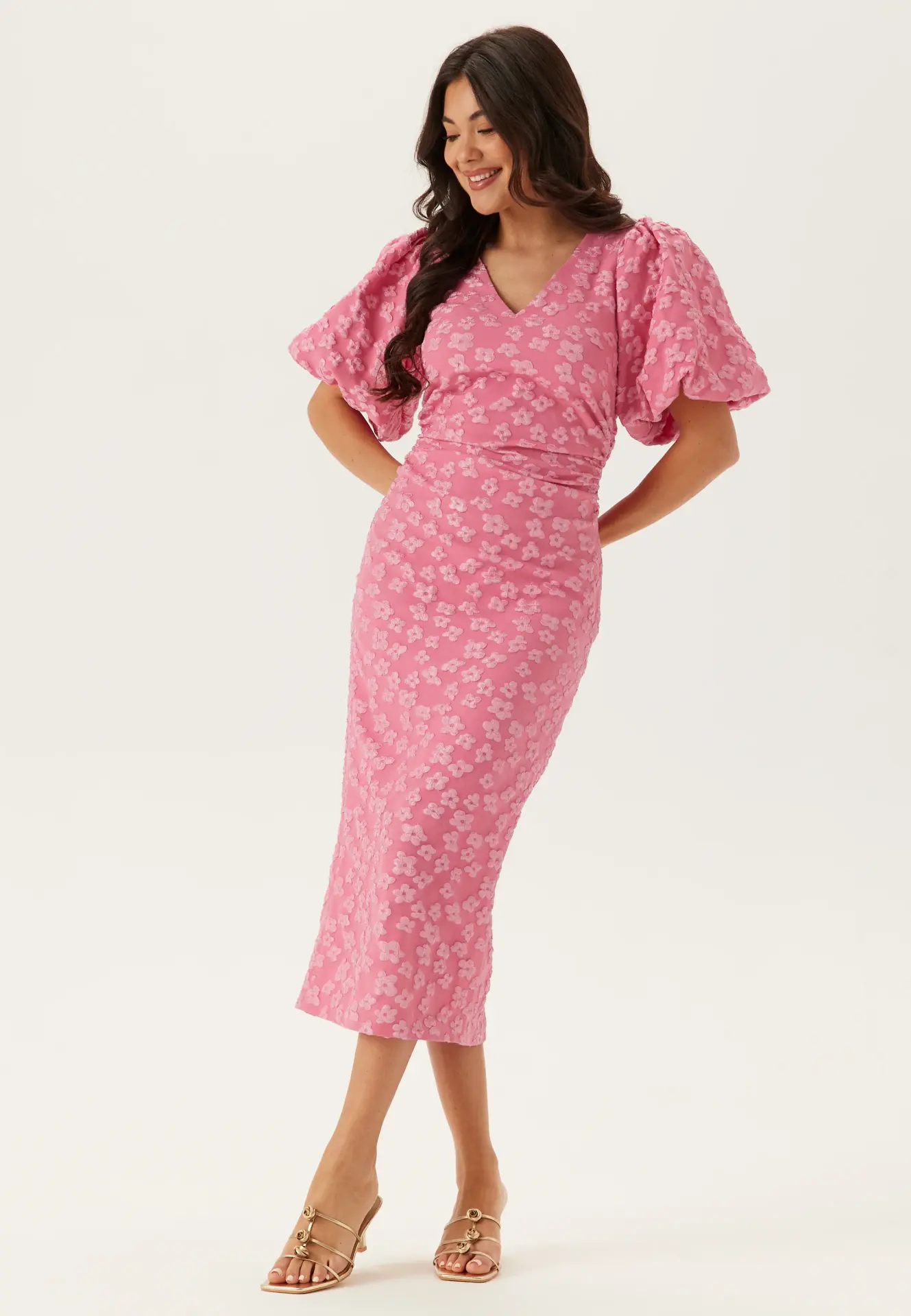 Pink Puff Sleeve Jacquard Midi Dress