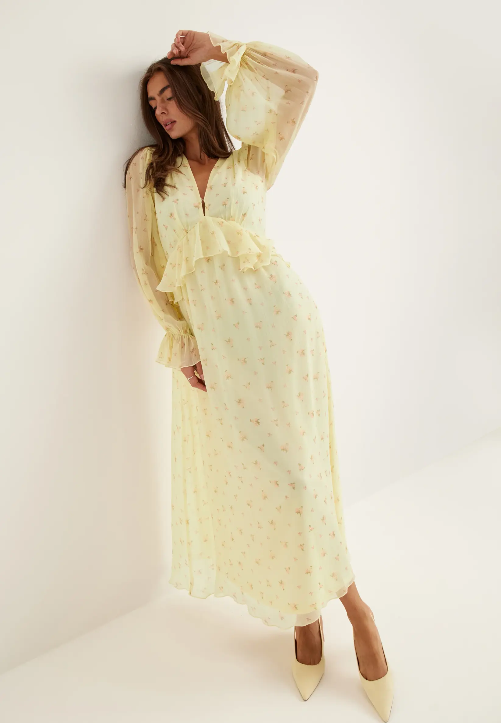 Frill Chiffon Midi Dress Yellow