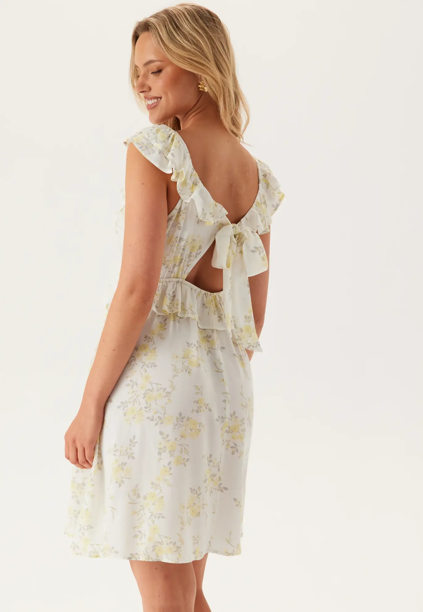 Frill Viscose Short Dress, Yellow Floral