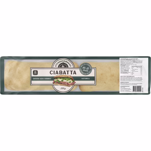 Naturell ciabatta, luftigt nybakat bröd. 250 g.