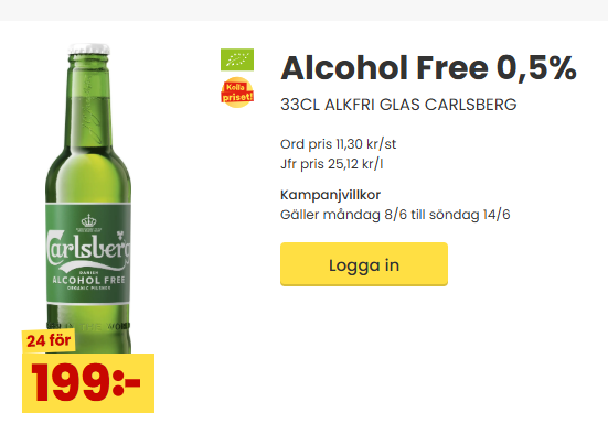 Alcohol Free 0,5% 33CL ALKFRI GLAS CARLSBERG - 24st för 199kr