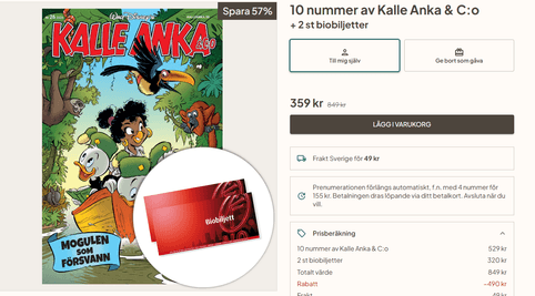 10 nummer Kalle Anka & C:o med biobiljetter