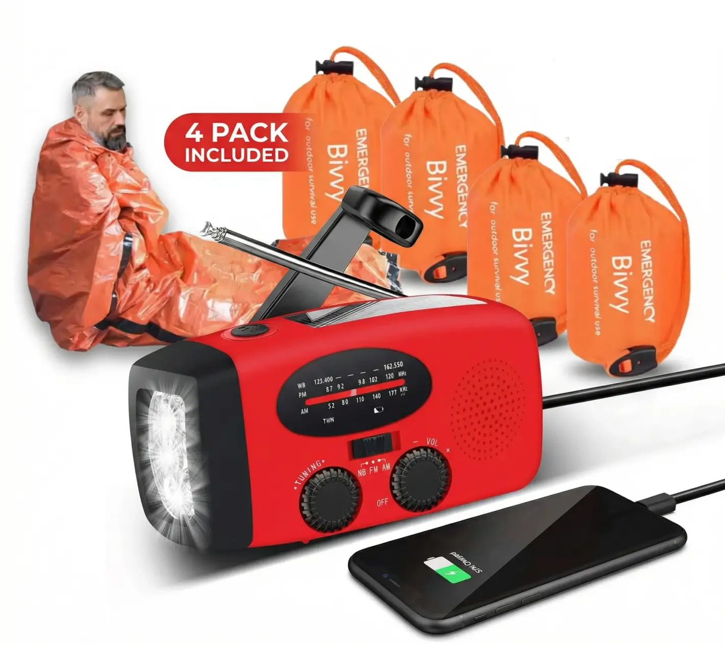 Nödkit med vevradio, solceller och nödsovsäckar