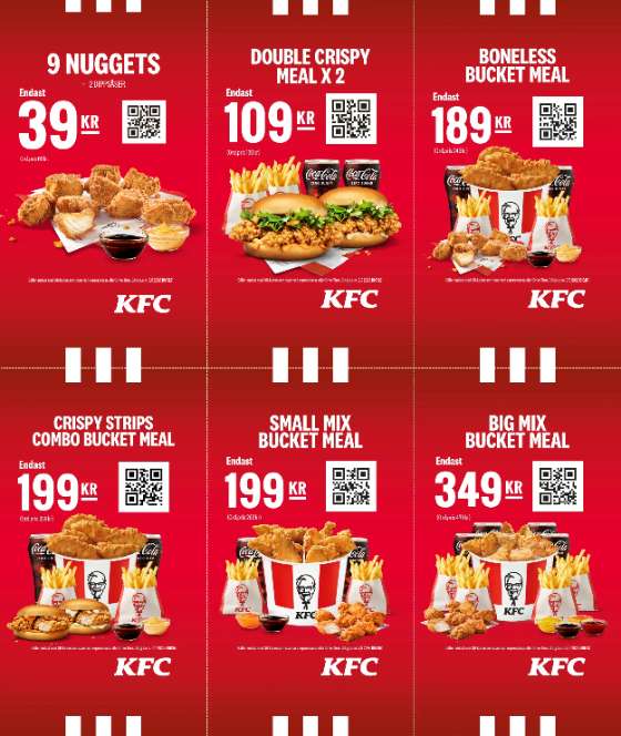 KFC nya kuponger: 9 nuggets 39 kr, Twister 49 kr, buckets m.fl.