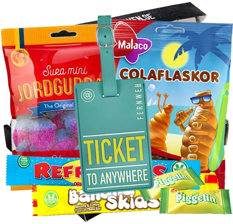 Sommarpresent med bagagetag och resegodis