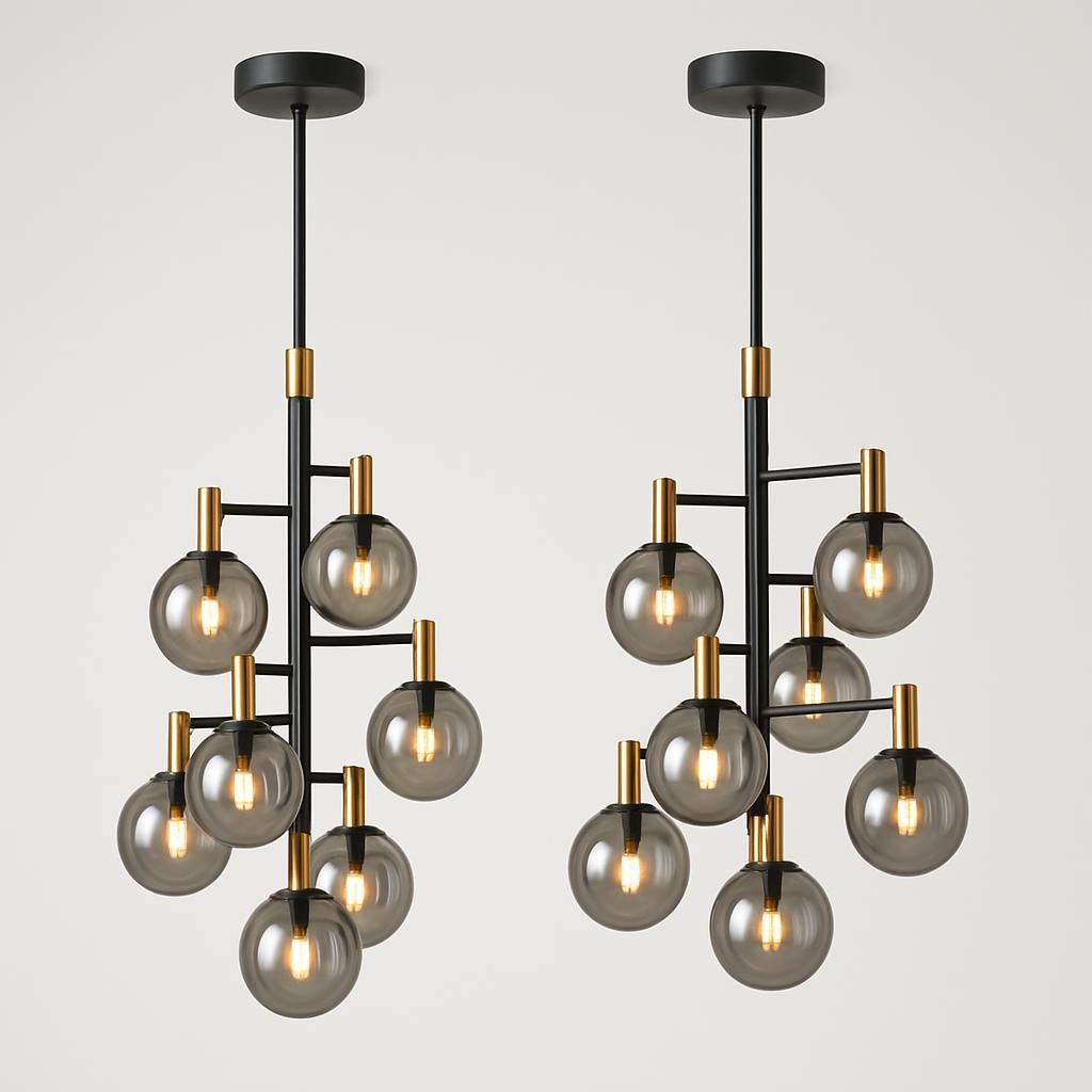 2 x Hänglampa svart guld rökglas 5-ljus