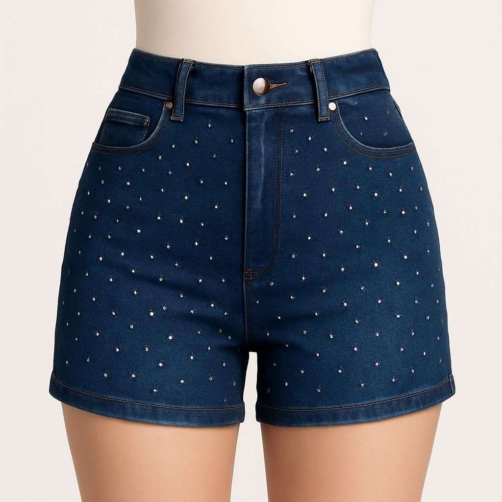 Rhinestone Denim Shorts för Dam - Blå