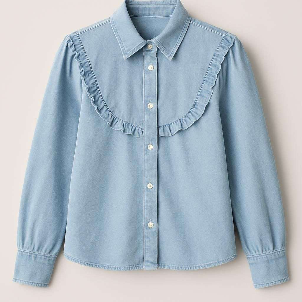 Ljusblå Denimblus med Volangdetaljer