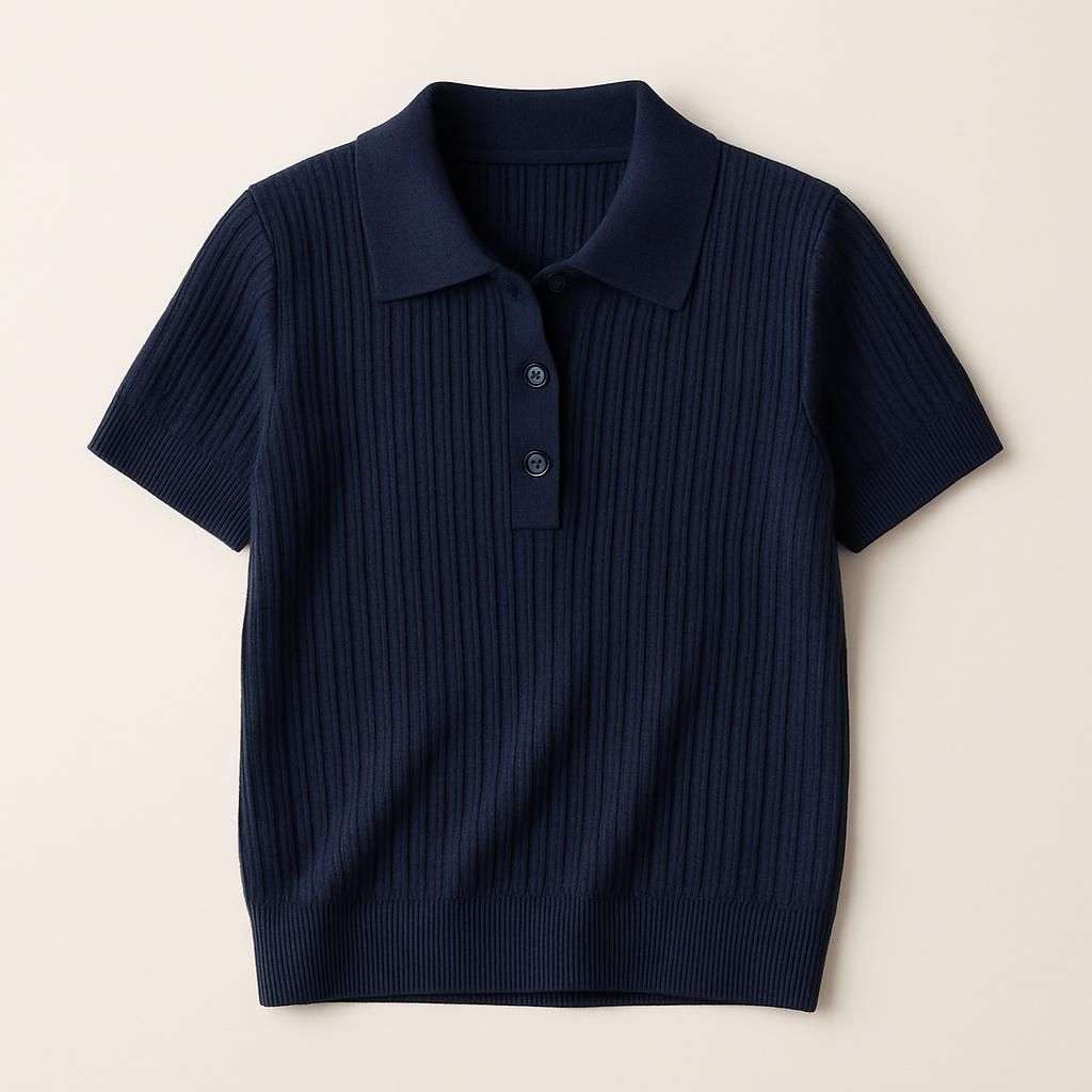 Knit Short Sleeve Collared Top - Women's Blue