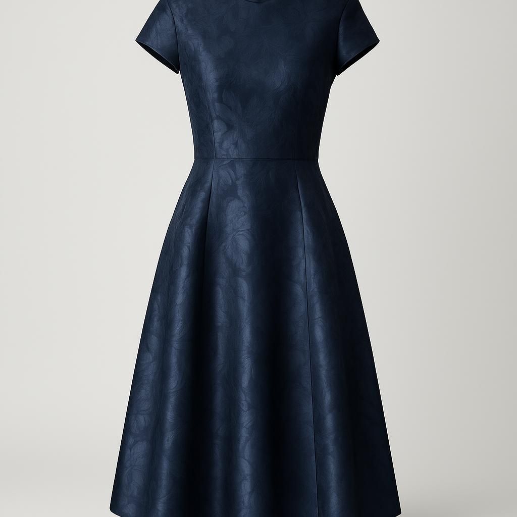 Elegant Blommig Jacquardklänning, Midilängd - Mörkblå