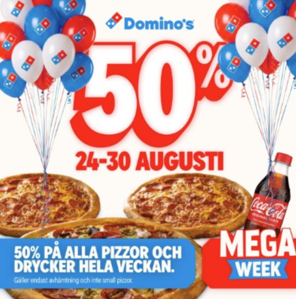 50% på alla pizzor och drycker hos Domino's vid avhämtning