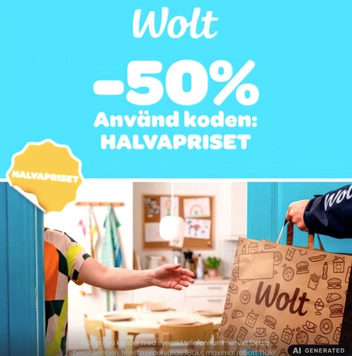 Få 50% rabatt på första köpet hos Wolt