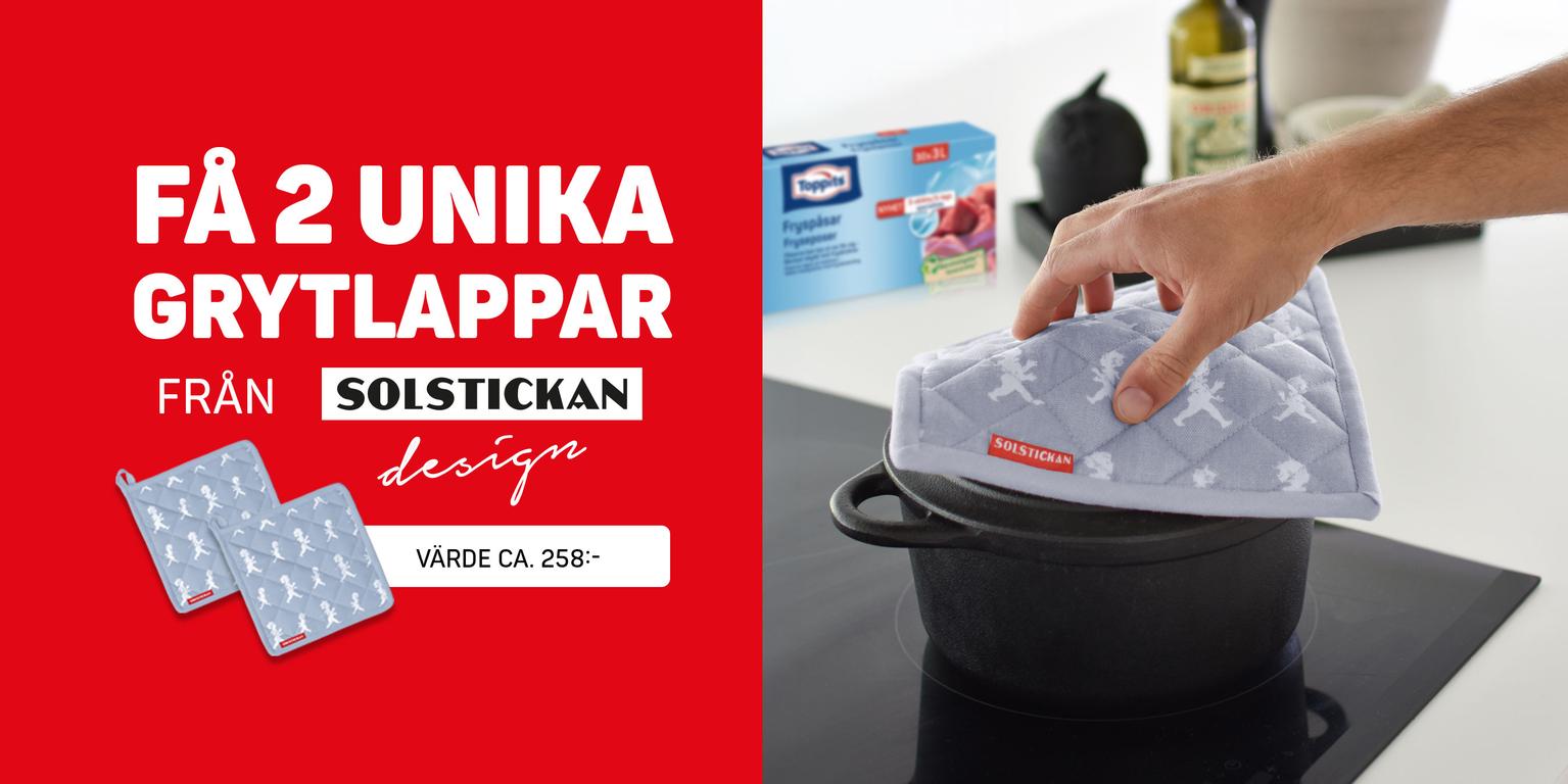 Få två grytlappar från Solstickan Design när du köper 4 produkter från Toppits