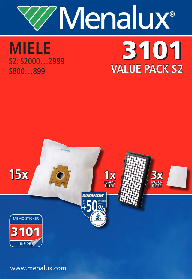 Menalux 3101 Dammsugarpåsar för Miele S2, 15-Pack