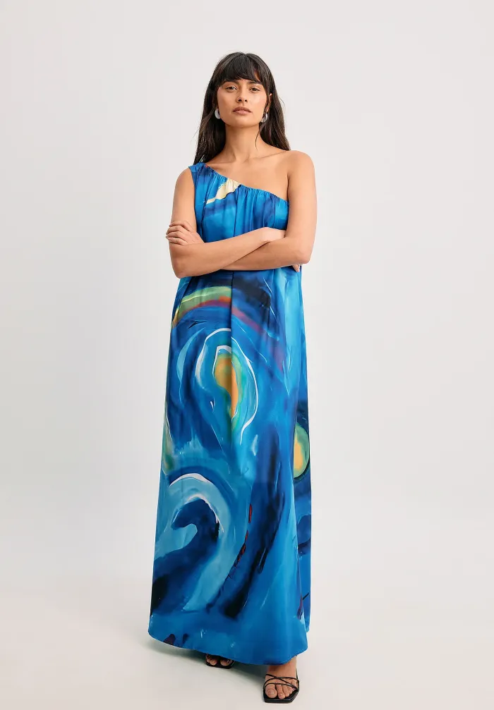 ONE SHOULDER Printed Maxi Dress - Blue
