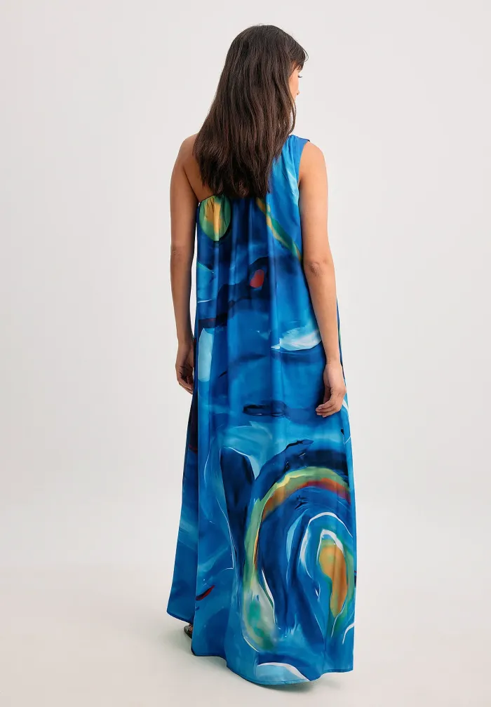 ONE SHOULDER Printed Maxi Dress - Blue
