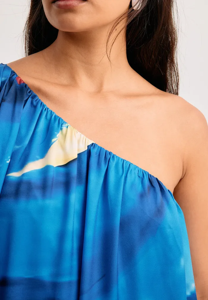 ONE SHOULDER Printed Maxi Dress - Blue
