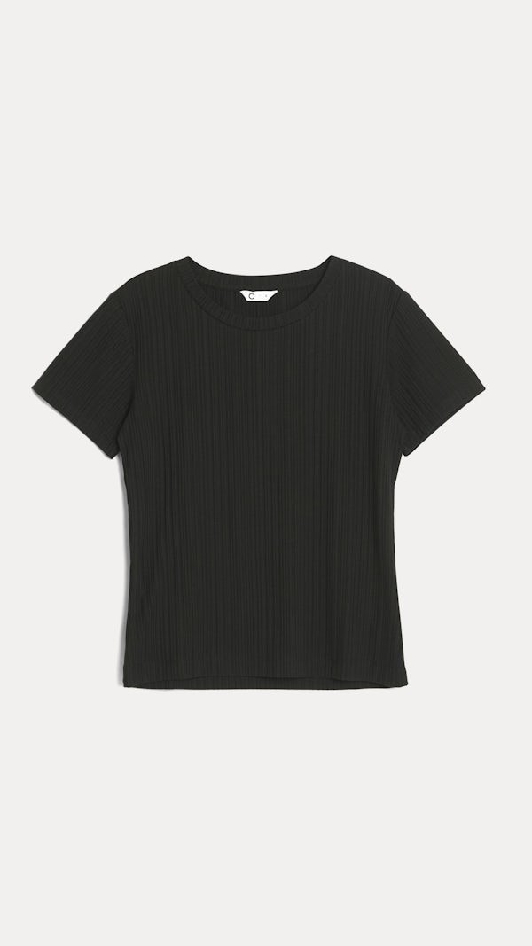 Svart Ribbad Dam-T-shirt, Kortärmad