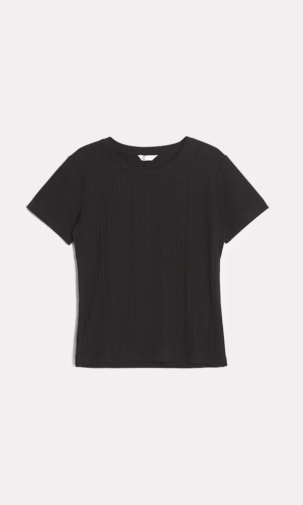 Svart Ribbad Dam-T-shirt, Kortärmad