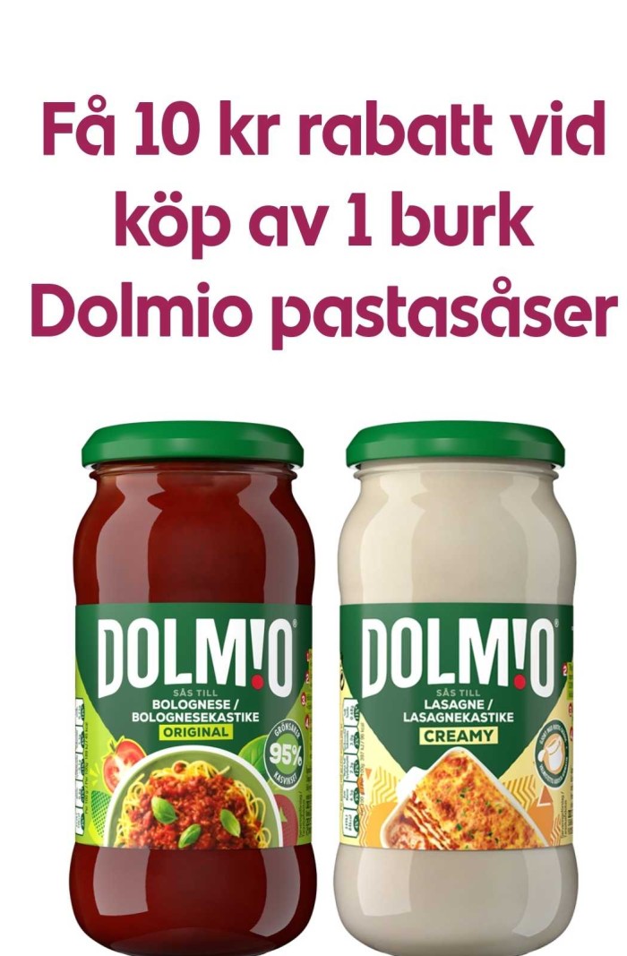 Få 10 kr rabatt vid köp av 1 burk Dolmio pastasåser