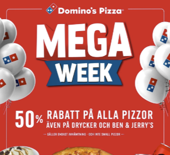 Mega Week - 50 % rabatt på alla pizzor, dryck och glass