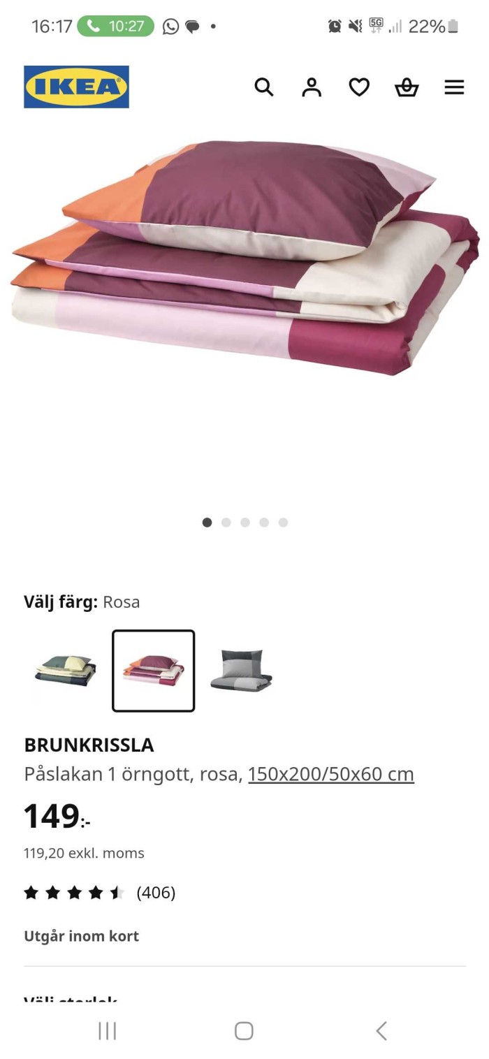 IKEA Kungens Kurva - BRUNKRISSLA Rosa Påslakanset 150x200cm
