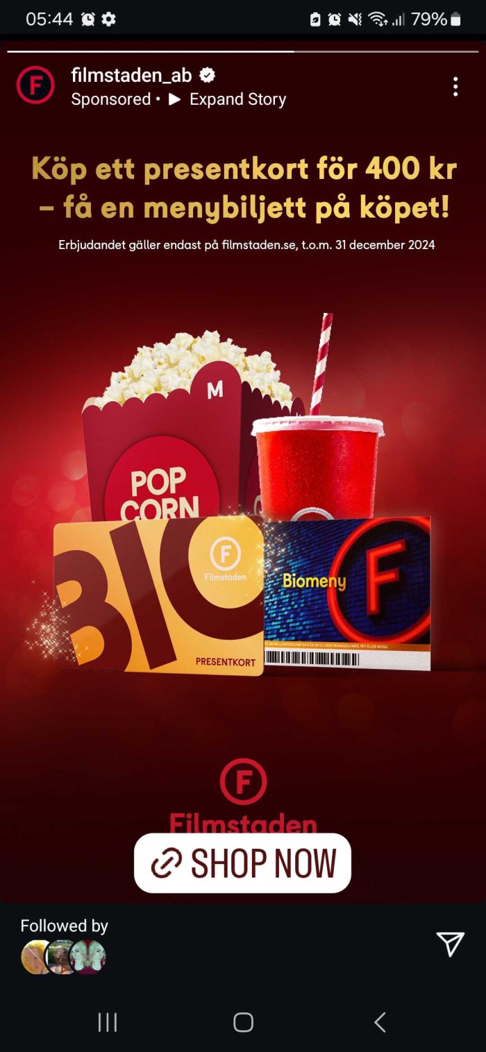 Få menu på köpet- Bio-presentkort för Filmälskaren