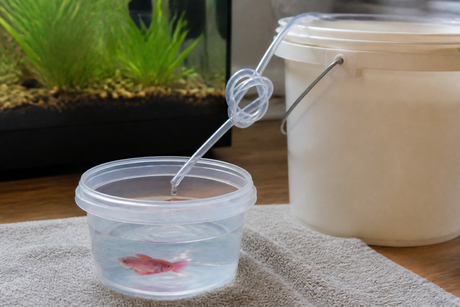 Drip acclimation setup with airline tubing slowly adding tank water to a container of new fish