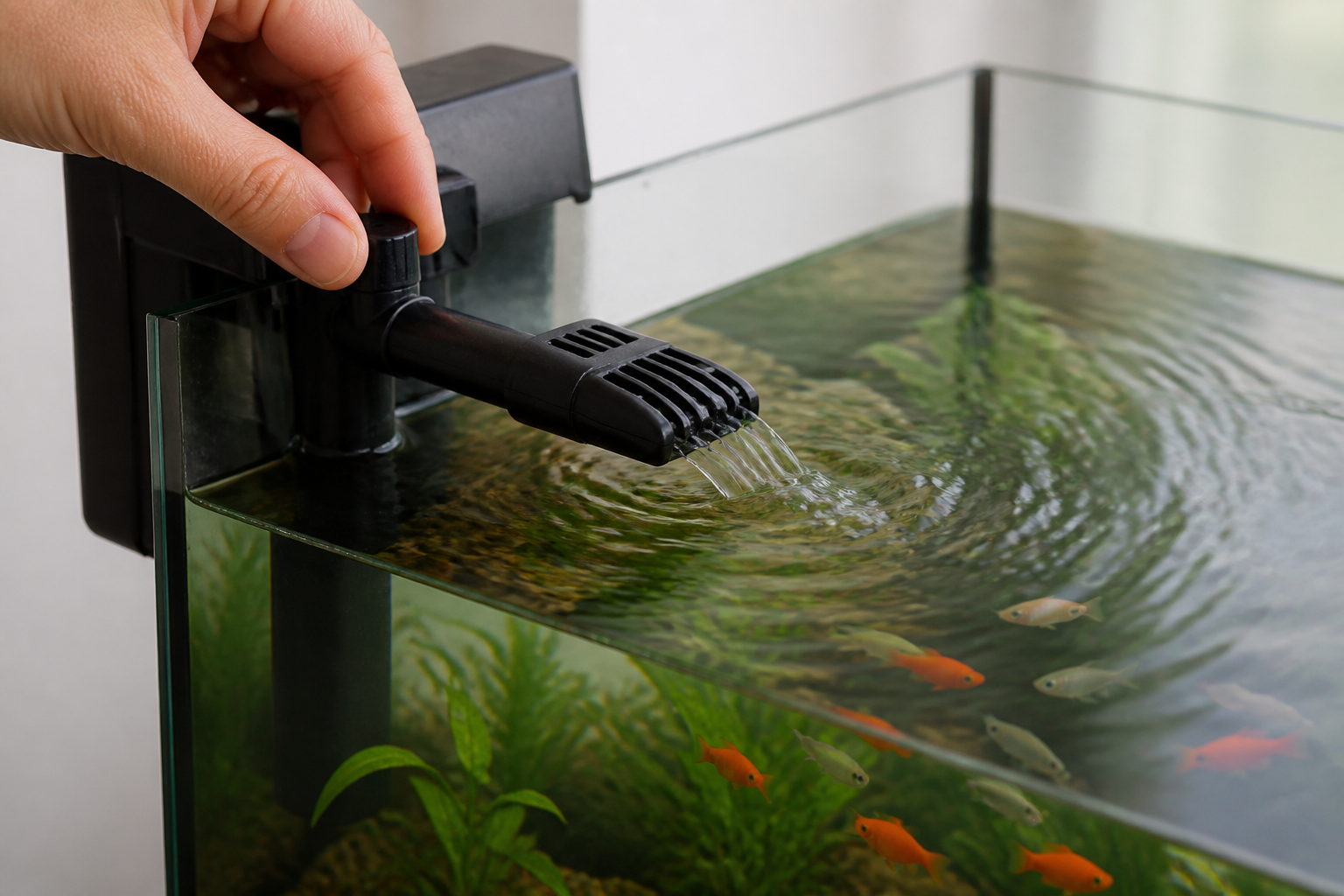 Adjusting filter outflow to control current in the tank