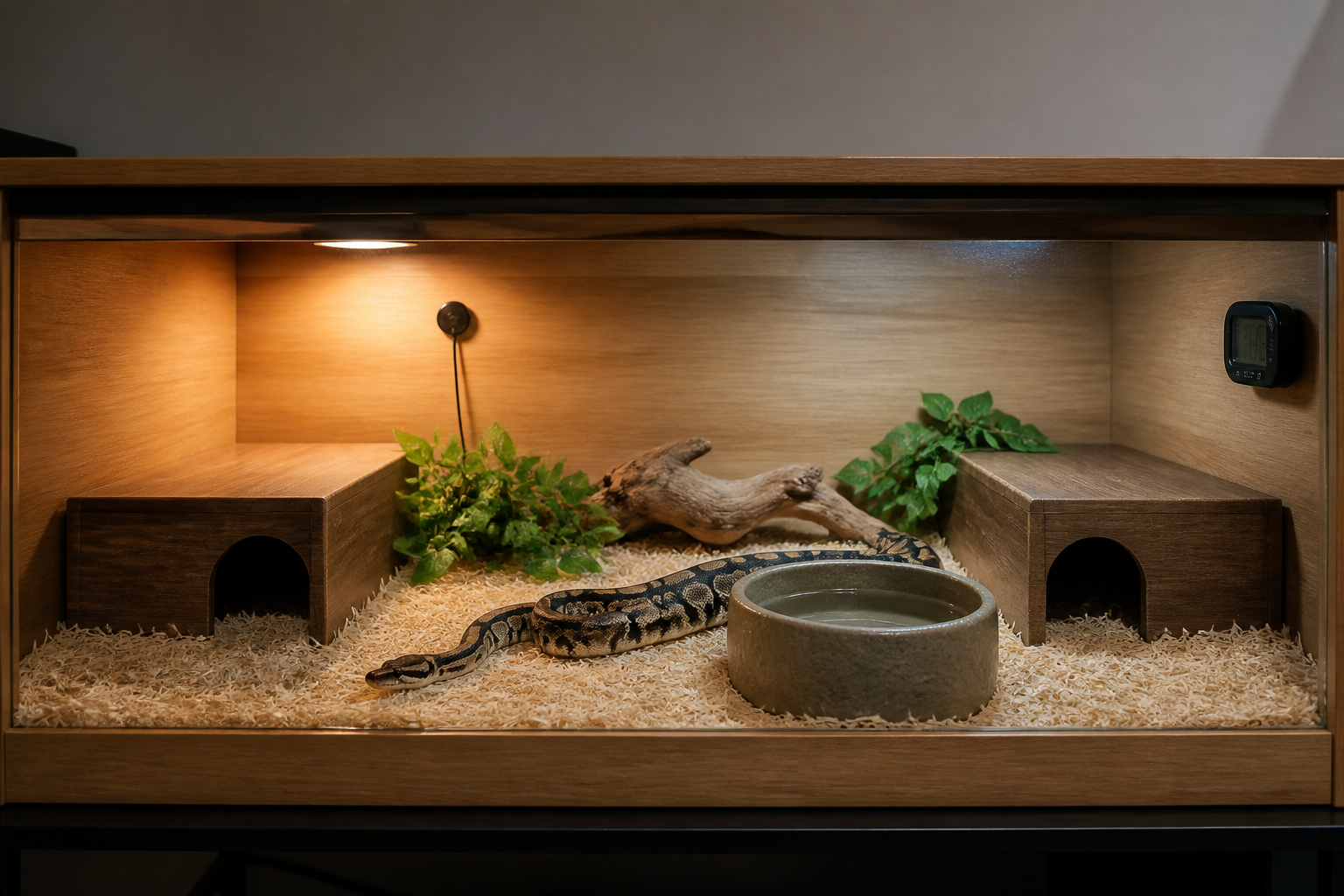 球蟒飼養箱,設有暖區躲藏屋、涼區躲藏屋、水盆及恆溫器探頭