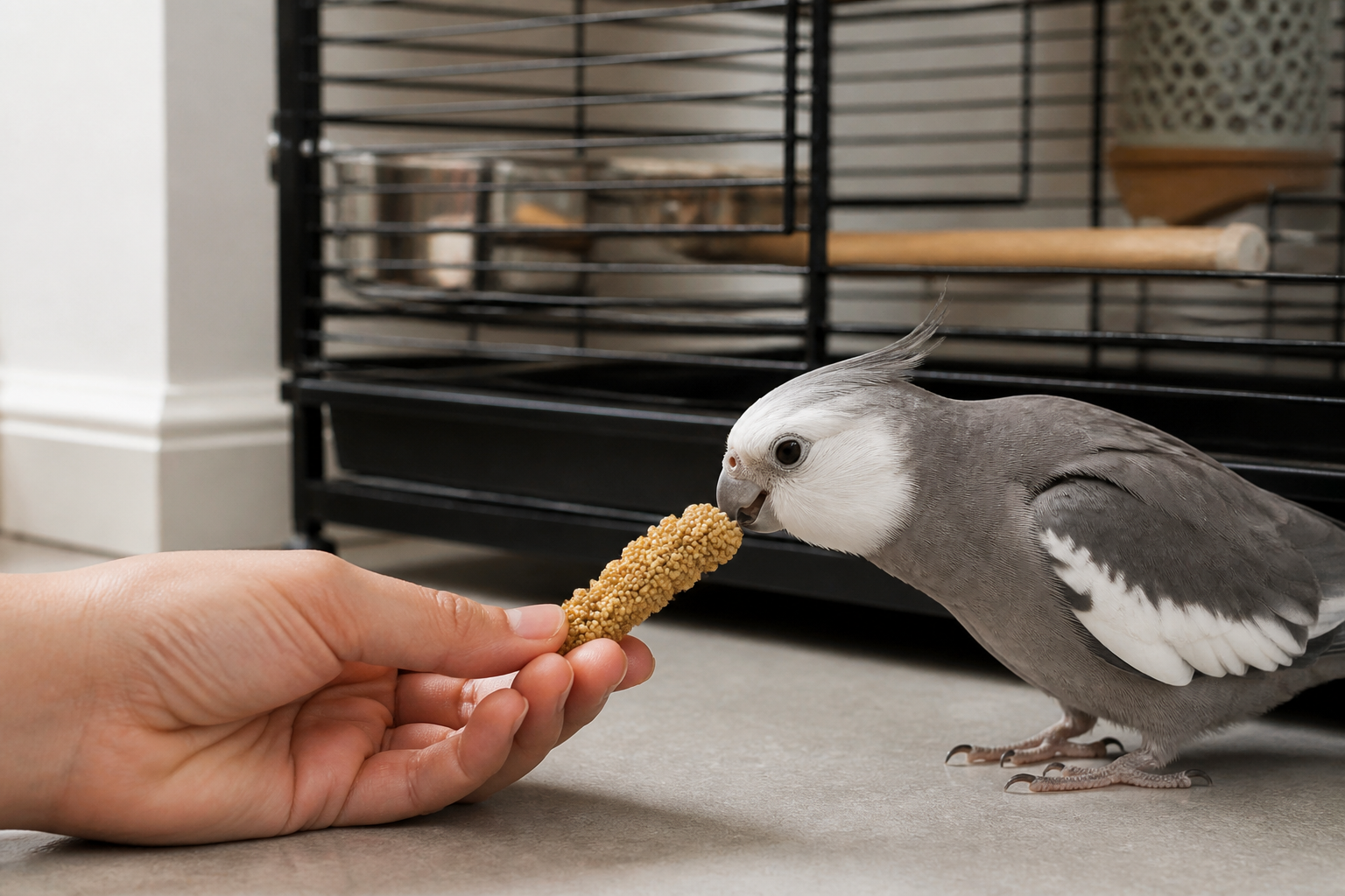 鳥兒在籠邊從靜止張開的手中取食小米