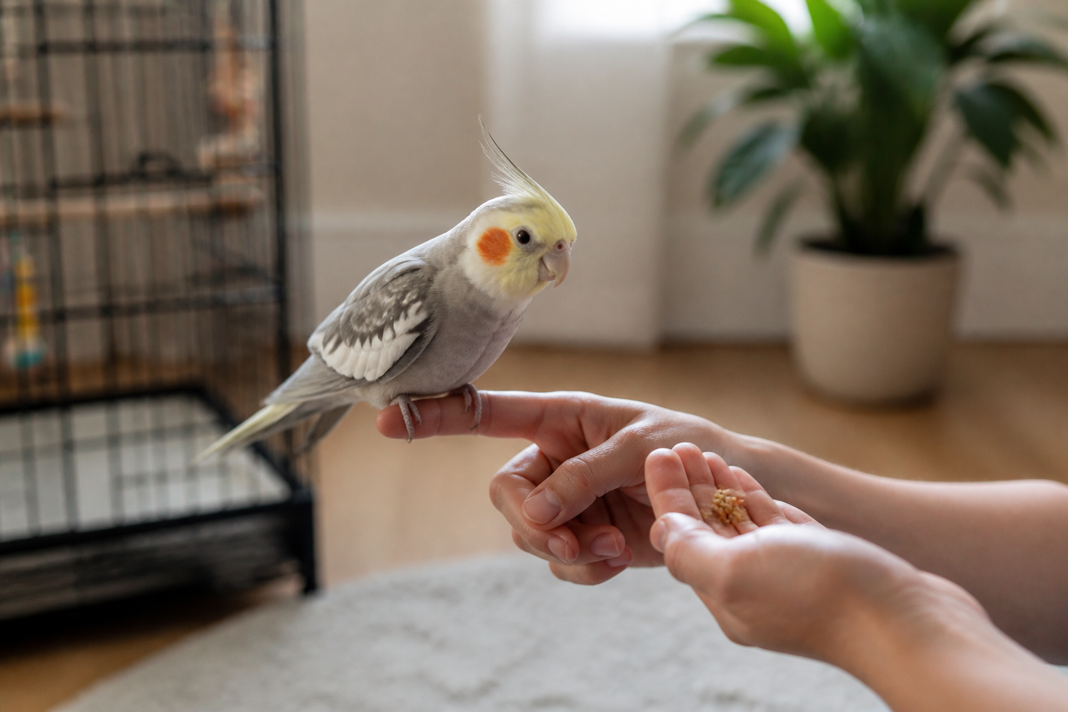 玄鳳鸚鵡站上飼主的手指