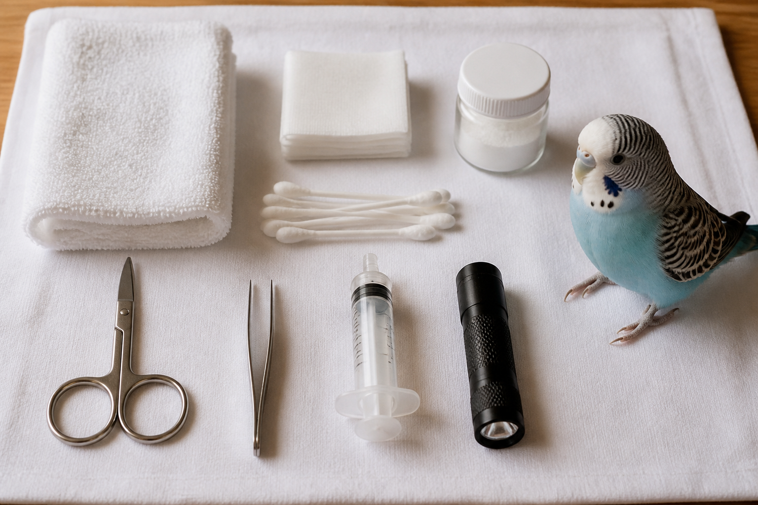 A flat-lay of bird first-aid supplies neatly arranged