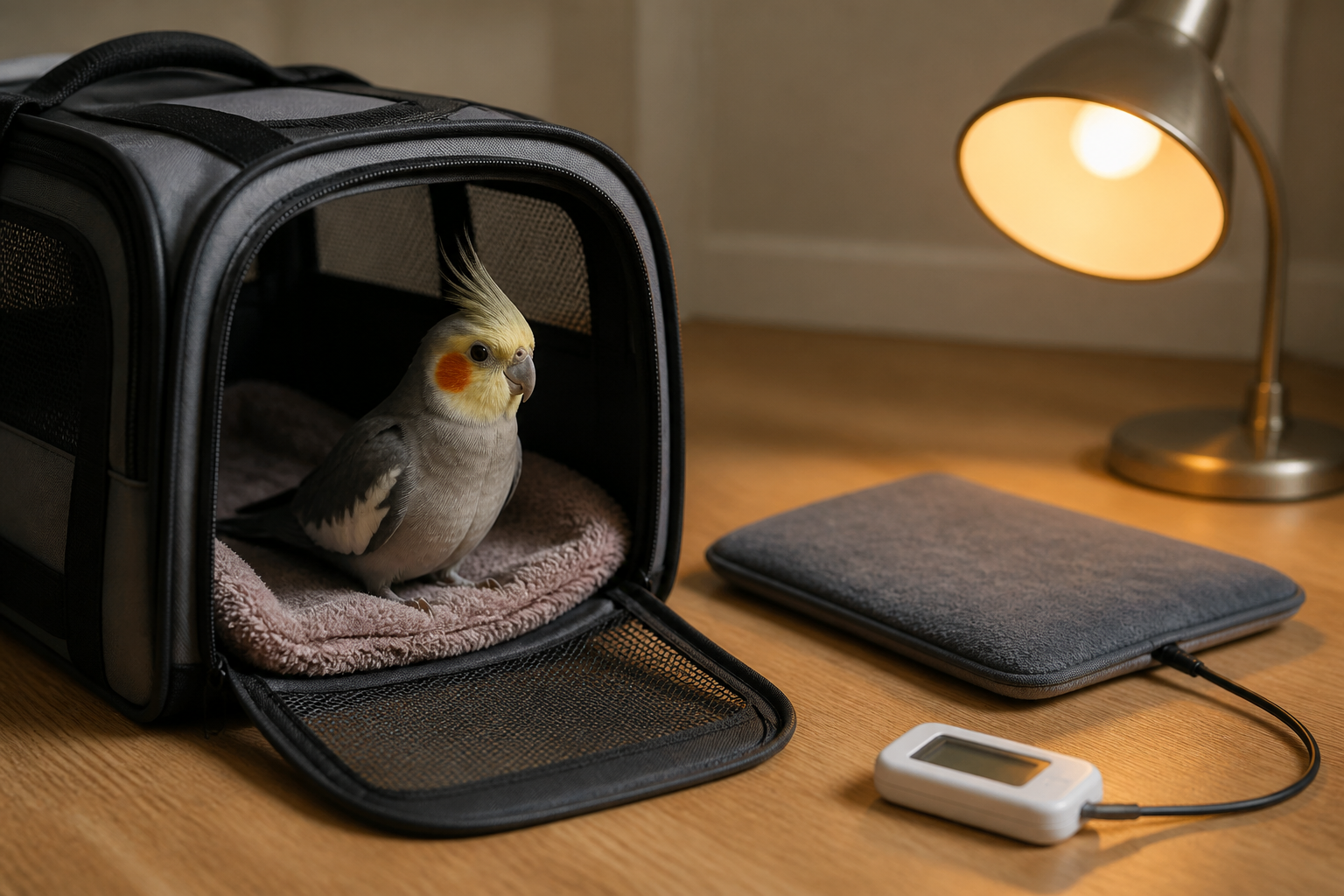 A towel-lined travel carrier beside a small heat pad and thermometer