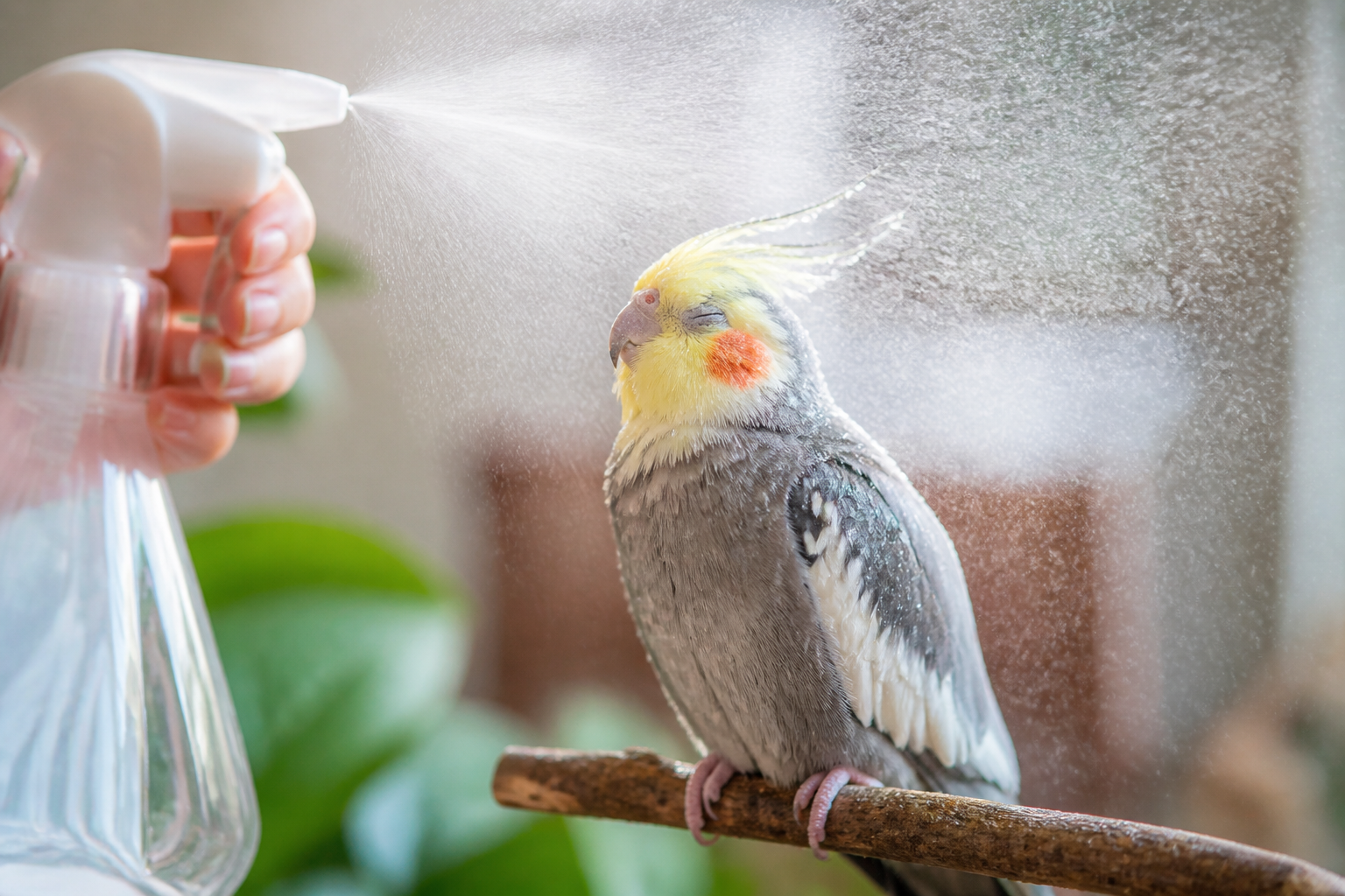 A bird being gently misted to help skin and feathers during a molt