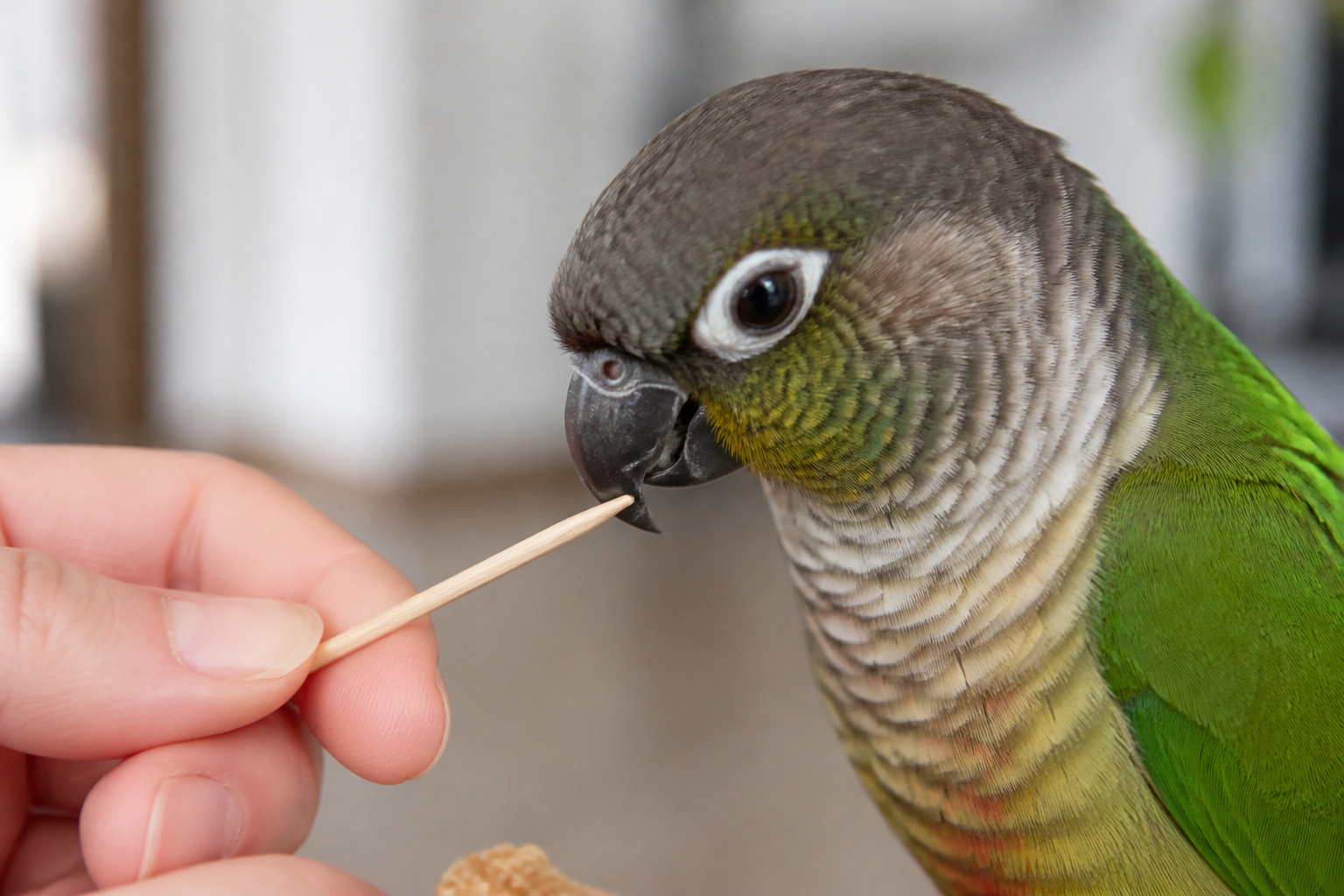 A bird touching the tip of the target stick with its beak