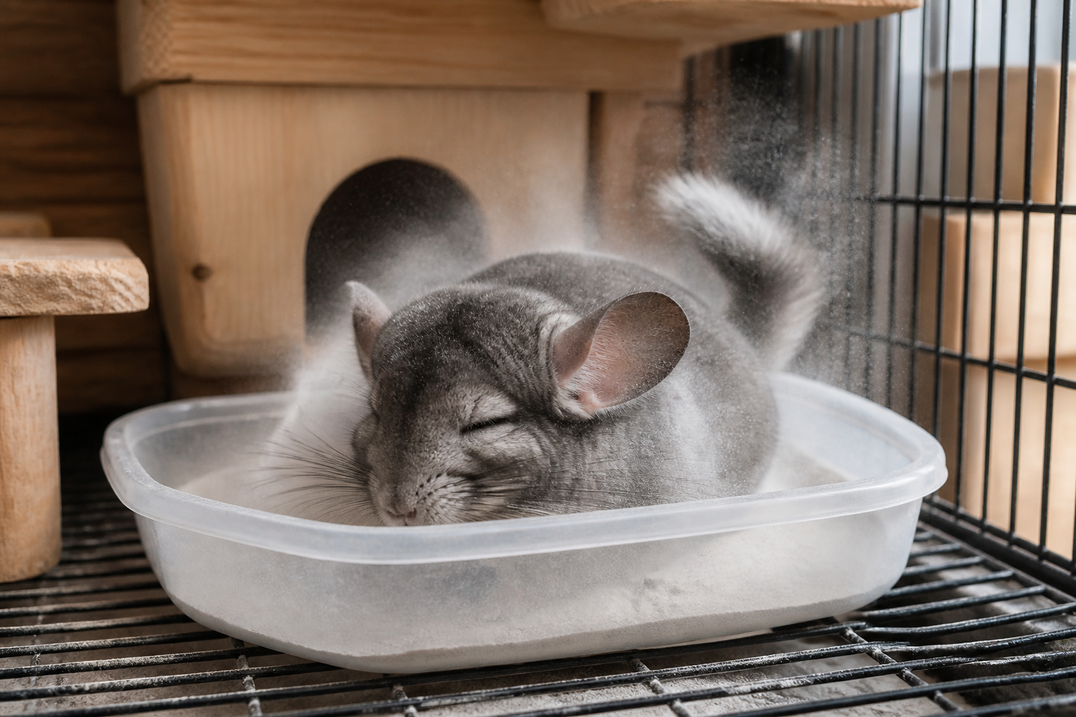 A chinchilla rolling in a container of fine bathing dust inside its cage.