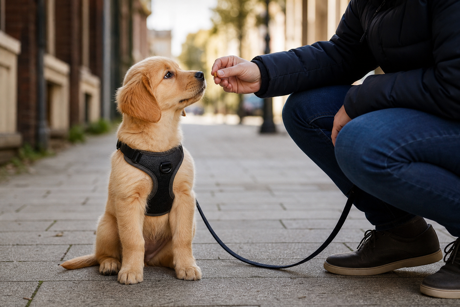一隻穿着胸背帶的幼犬安靜地坐在寧靜的街道上,主人在旁遞上零食