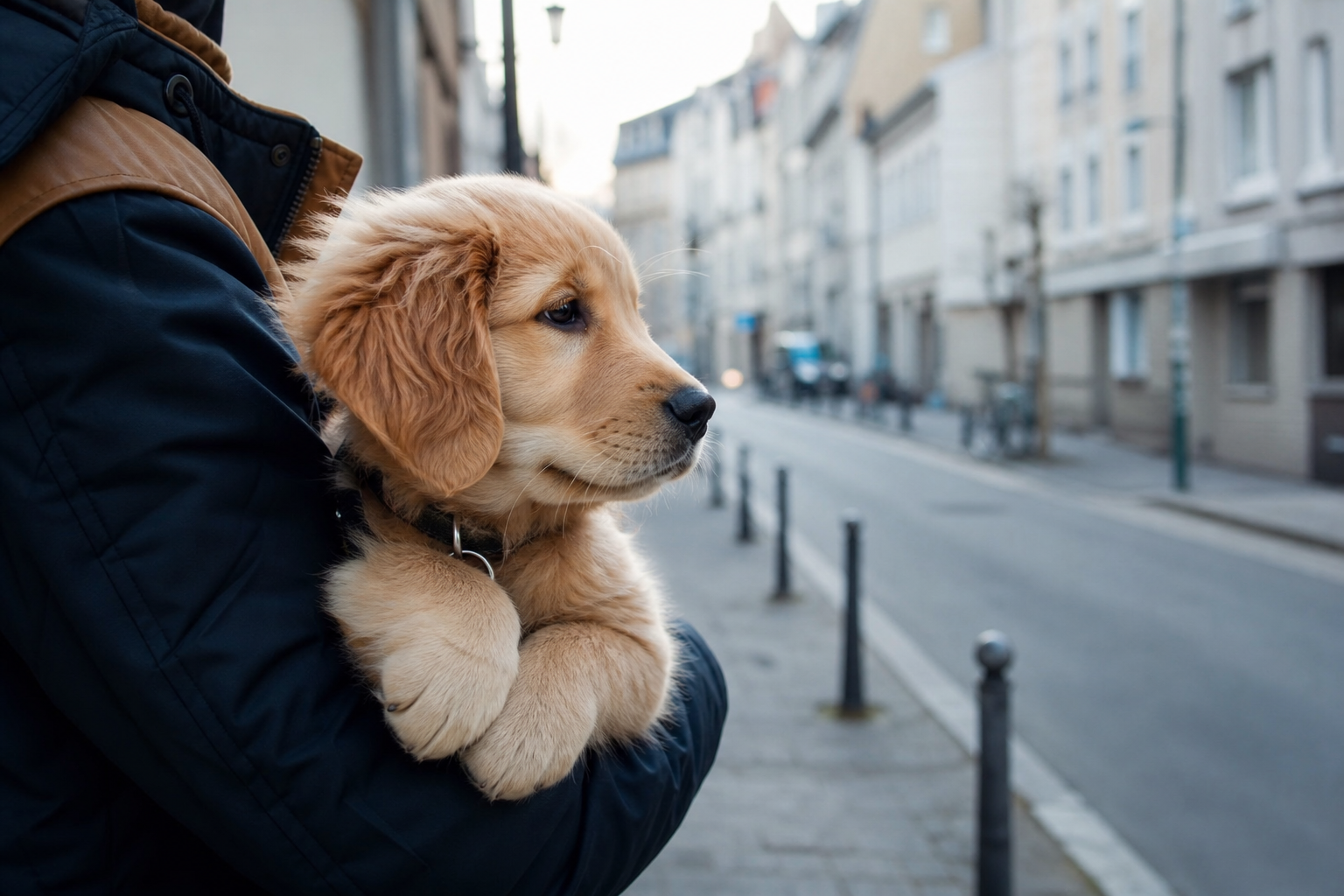 主人抱着幼犬,讓牠能安全地觀察外面的世界