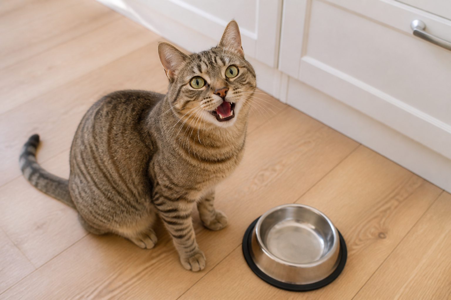 一隻貓坐在空食碗旁,向飼主喵叫討食。