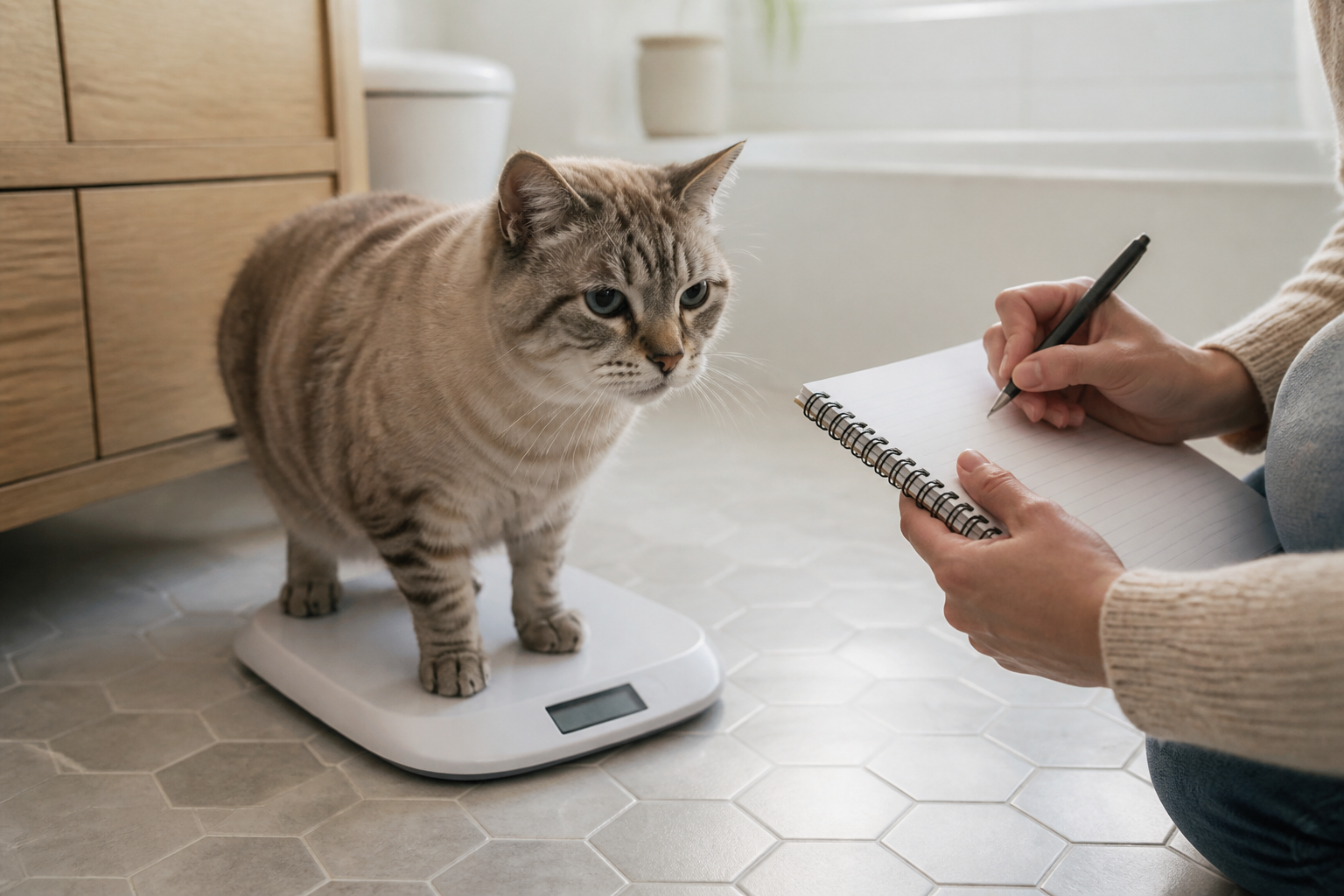 A senior cat being weighed on a home scale while the owner records the number