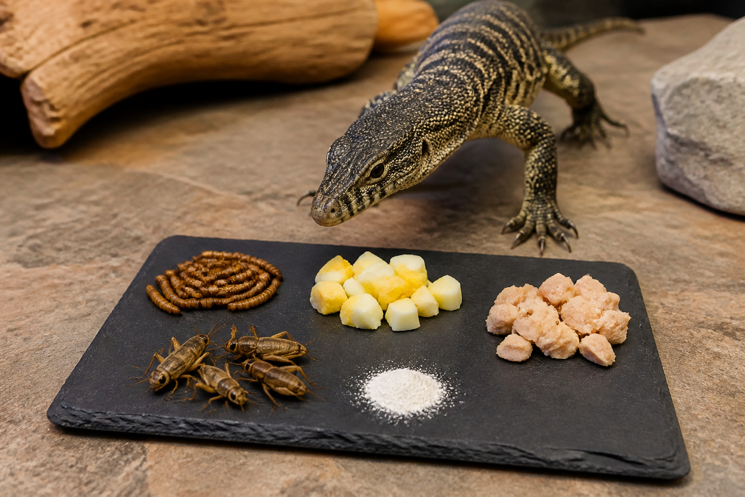 A slate tile with whole insects, a boiled egg piece and a light calcium dusting portioned for a monitor lizard.