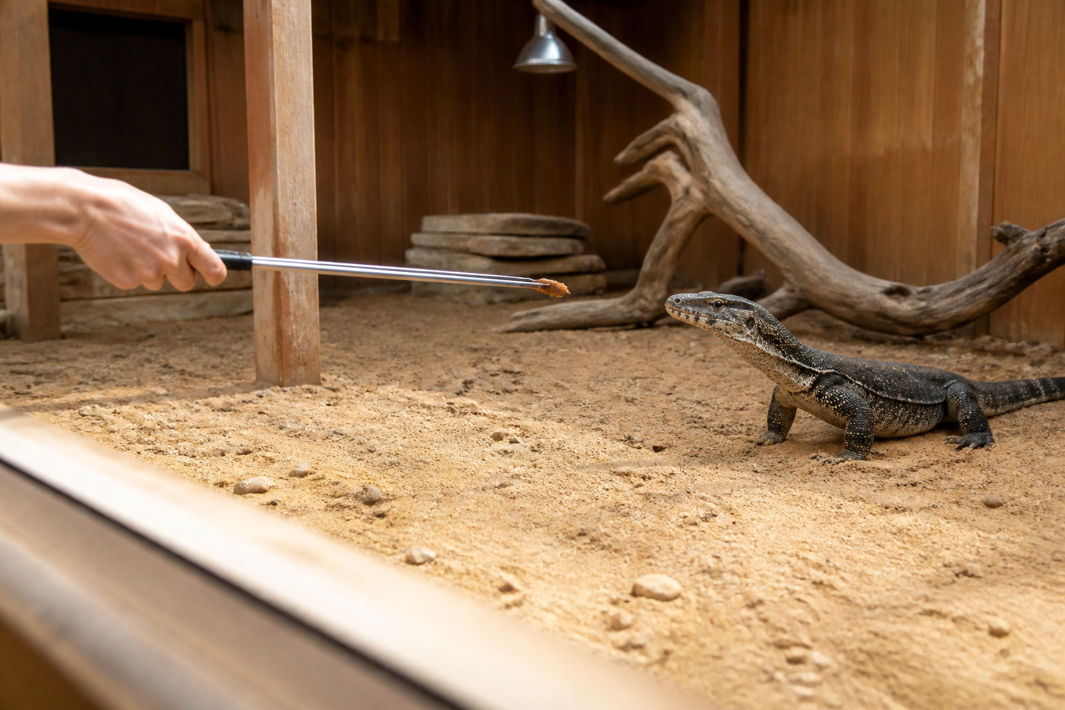 A keeper offering one feeder insect with long tongs to a monitor lizard from a safe distance.