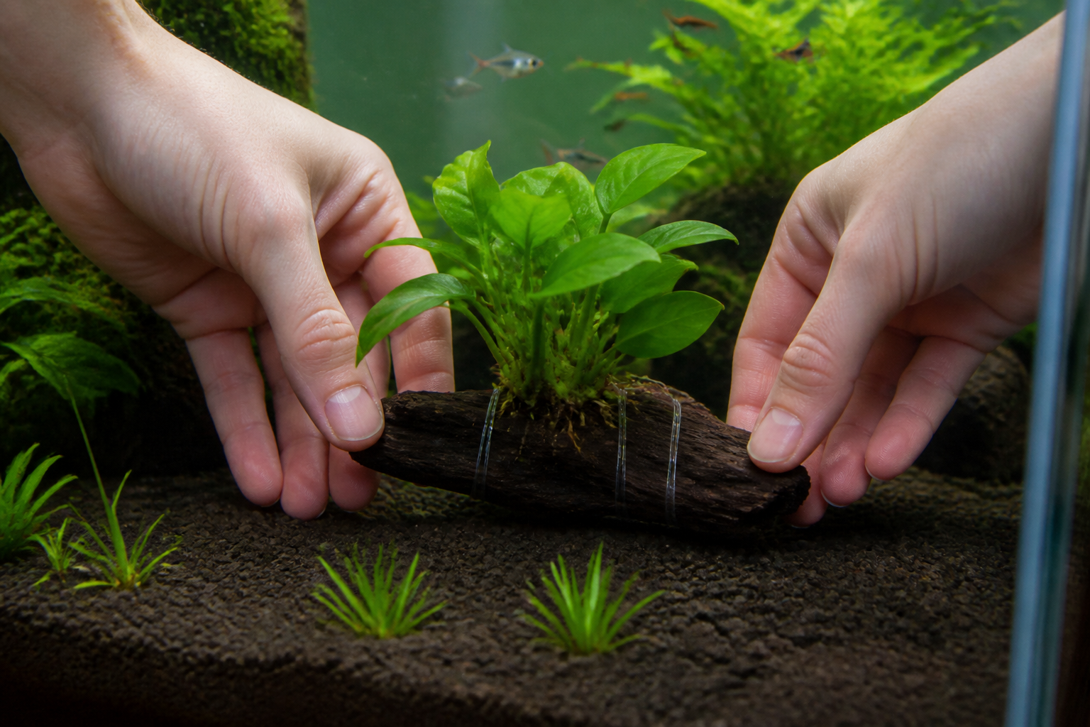 Attaching an Anubias plant to driftwood in an aquarium